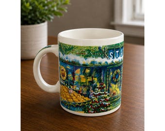 Starbucks Seattle Pike Place Market Holiday Winter Scene Coffee Mug 1990s Vtg