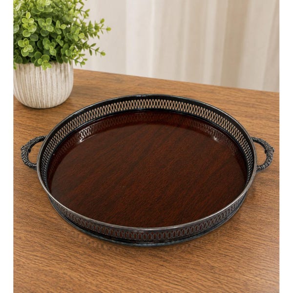 Vintage Round Mahogany Wood Gallery Tray Silver Rim Pierced Silver Handles 12.5"