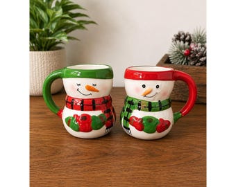 Bay Island Snowman Ceramic Coffee Mug Set of 2 Red Green Holiday Christmas 2018