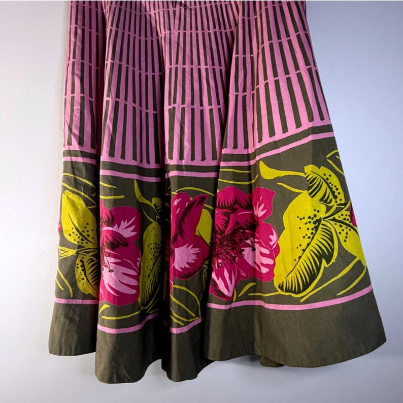 Vintage Anthropologie Floral Mixed Print Cotton A-Line Midi Skirt Olive Pink 2 image 3