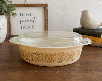 Vintage Pyrex gouden scroll ovale braadpan met deksel 2,5 Qt 045 crème goud