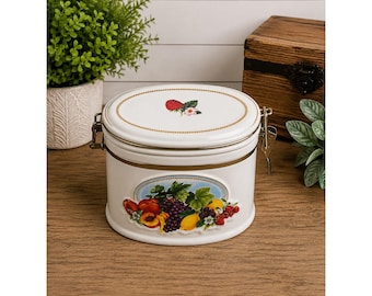 Knotts Berry Farm Ceramic Canister Vintage Fruit Motif Oval Jar Gold Trim Clasp