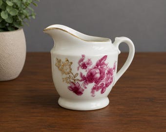 Vintage 1950's Japan White Porcelain Creamer Pink Floral Rose Gold Trim Pitcher