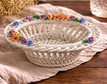 Vintage Italian Ceramic Braided Basket Bowl with Hand-Painted Floral Rim