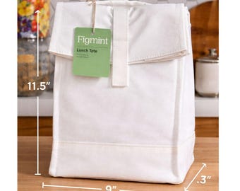 Figmint Insulated Lunch Tote White Canvas Minimalist Lunch Bag New Fold Over Closure 11.5x9