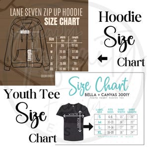 Op de afbeelding: Afbeelding toont maattabellen voor Lane Seven zip-up hoodies en jeugd-T-shirts. De hoodie-tabel toont afmetingen in inches voor breedte en lengte. De jeugd-T-shirt-tabel biedt ook afmetingen in inches voor de breedte en lengte van het shirt.