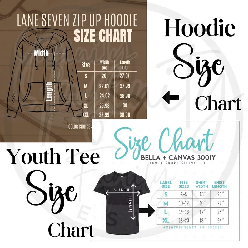 Op de afbeelding: Afbeelding toont maattabellen voor Lane Seven zip-up hoodies en jeugd-T-shirts. De hoodie-tabel toont afmetingen in inches voor breedte en lengte. De jeugd-T-shirt-tabel biedt ook afmetingen in inches voor de breedte en lengte van het shirt.