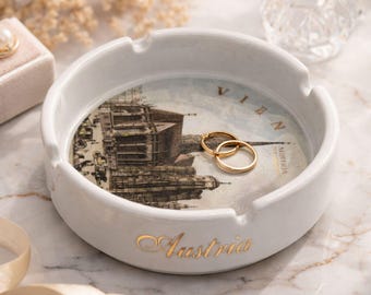 Vintage Vienna Austria Porcelain Ashtray – Gold Script Souvenir Trinket Dish