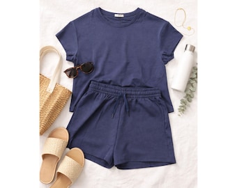 Pinspark Navy Lounge Set 2 Piece Shorts Outfit Casual Chic Athleisure Capsule