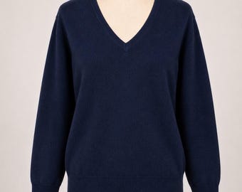 Vintage LL Bean Mens Navy Blue V-Neck Cashmere Cotton Blend Sweater Pullover