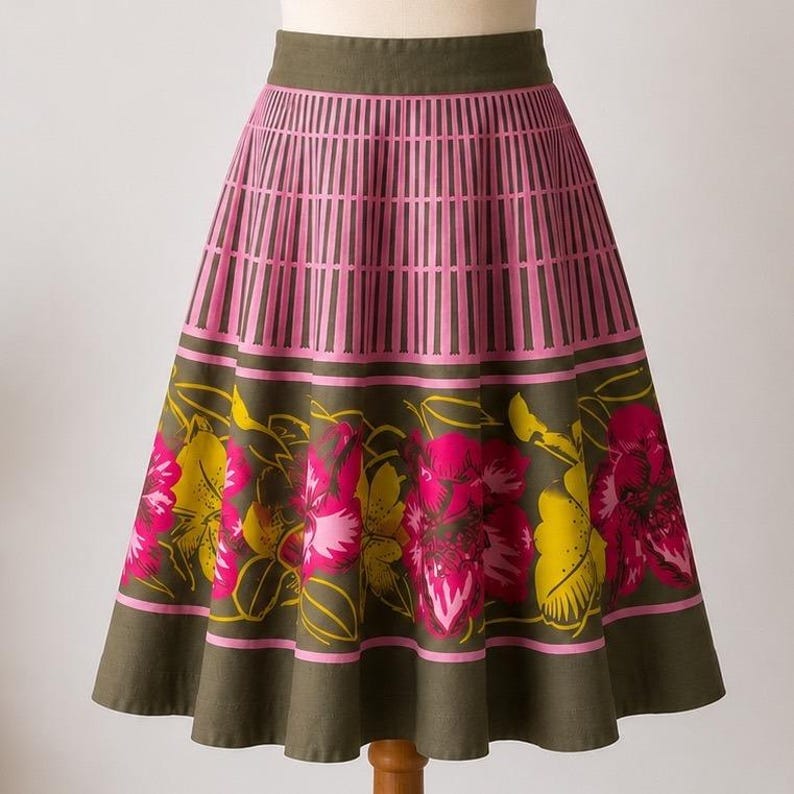 Vintage Anthropologie Floral Mixed Print Cotton A-Line Midi Skirt Olive Pink 2 image 1
