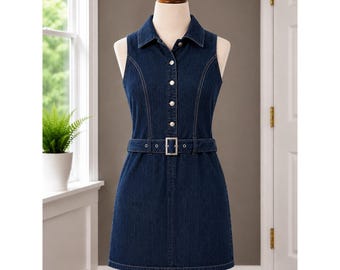 Zoey Beth Dark Wash Denim Sleeveless Mini Dress Belted Pink Stitching Size Small