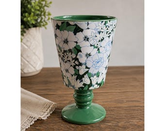 Anthropologie Floral Ceramic Goblet Green White Blue Pedestal Cup Vase