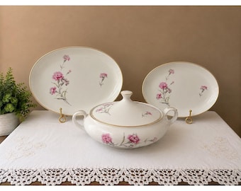 Zeldzame vintage Royal Court anjer fijn porselein Japan terrine en 2 ovale schotels set