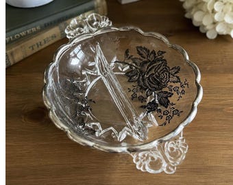 Vintage Silver City Glass Divided Candy Dish Floral Rose Scalloped Bowl 7in