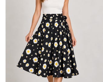 Vintage Midi Skirt Belle Poque Daisy Print Black Floral A-Line Bow Waist Large