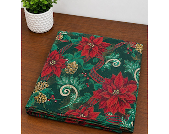 Vintage Christmas Poinsettia Plaid Ribbon Green Tablecloth 60x84 Rectangular