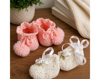 Handmade Crochet Baby Booties Set Pink Pom Pom & Cream Ribbon Rose 2 Pairs
