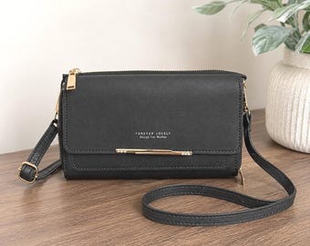 Forever Brand Madley portemonnee-tas, grijs synthetisch leer, gouden hardware, strassteentjes