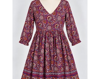 Garnet Hill Womens Boho Dress Purple Paisley Floral V-Neck Empire Waist Size 12
