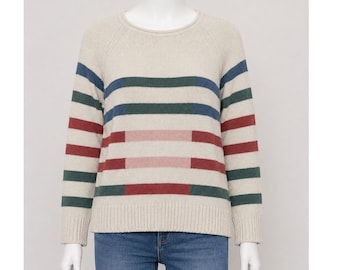 LL Bean Womens Large Coastal Striped Fisherman Sweater Cream Nautical Vintage