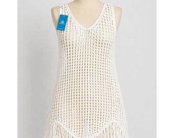 Boho Beach Crochet Cover Up Fringe Coastal Resort Swim Dress Cupshe M