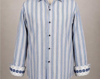 Robert Graham Mens XL Blue Striped Long Sleeve Eclectic Designer Classic Fit