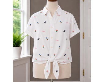 Vintage Polo Ralph Lauren White Embroidered Tie Front Shirt Size Small Flowers