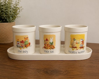 Rae Dunn Hello Fall Stay Cosy-trui weer keramiek 3 potten plantenbak dienblad