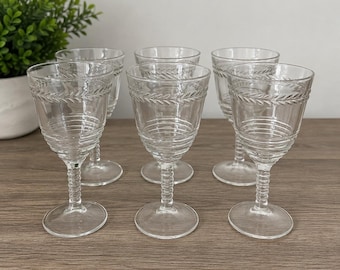 Antieke federale glazen lauwerkrans wijnbeker geribbelde steel set van 6 jaren 1930