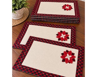 Vintage Christmas Placemats Set of 7 Red Black Plaid Poinsettia Cotton 7178AW
