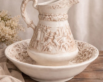 Vintage Ceramic Pitcher Wash Basin Set Farmhouse Cottagecore Rustic French Decor
