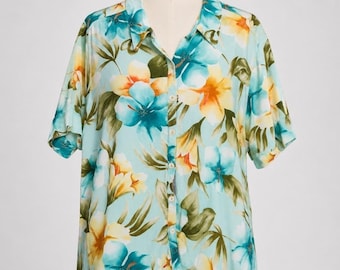 Vintage Karibik Joe Damen XL Tropisches Hawaii Hemd mit Viskose Bluse, Aqua