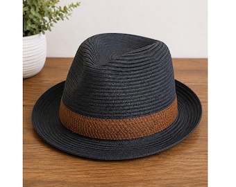Cremieux Collection heren marineblauwe papieren stro fedora hoed bruin band maat S/M