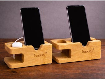 Set of 2 Bamboo Phone Charging Dock Stand | Minimalist Wood iPhone Holder Apple Watch Organizer