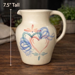 Ellis Prod Pottery Marshall Texas Beige 7.5in Water Pitcher Hearts Signed USA