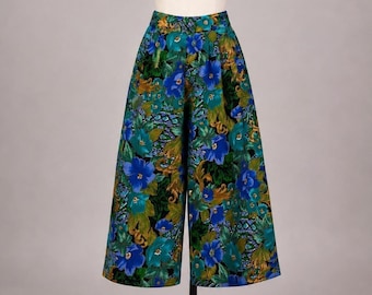 Vintage Floral Culottes High Waisted Wide Leg Crop Pants Blue Green Size 9/10