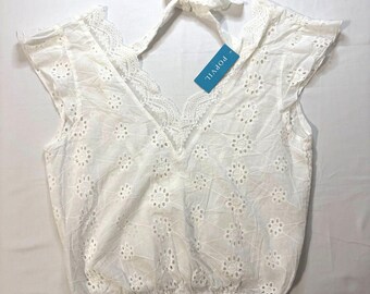 Popvil White Eyelet Lace Top Boho Cottagecore Flutter Sleeve Elastic Waist Small