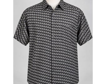 Mens Large 100% Silk Short Sleeve Rinnovato Button Up Shirt Geometric Black Grey