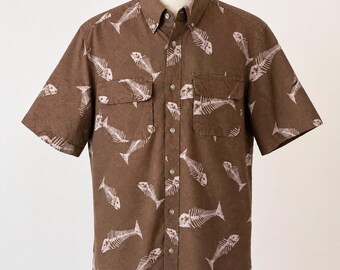 Chaps heren bruin visskelet print performance visshirt medium beachcore