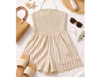 Beige Striped Smocked Halter Romper Boho Coastal Summer Retro Chic Minimalist