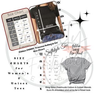 Op de afbeelding: Maattabellen voor dames- en unisex T-shirts. De afbeelding bevat een maattabel met afmetingen in inches voor Gildan 64000L en Gildan 64000 Softstyle T-shirts. Er wordt ook een grijs T-shirt getoond.