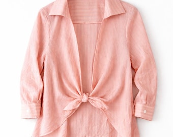 Popvil Pink Striped Tie Front Blouse Lightweight Button Down Cottagecore Coastal Grandmillennial Top