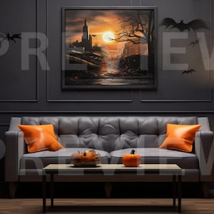 May include: A dark living room decorated for Halloween with a gray sofa, orange pillows, a coffee table, a black shelf with books and candles, a lamp with an orange shade, and a jack-o'-lantern. A framed painting of a cityscape at sunset hangs on the wall.