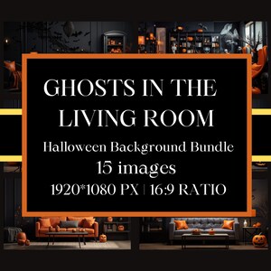 May include: A collage of 15 images showcasing a Halloween-themed living room decorated in black and orange. The images feature a sofa, coffee table, and various Halloween decorations, including pumpkins, bats, and ghosts. The text "GHOSTS IN THE LIVING ROOM" is displayed in white against a black background.