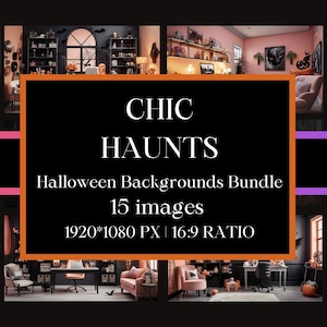 May include: A collage of 15 Halloween-themed office backgrounds featuring a black and pink colour scheme. The images show a variety of office furniture, including desks, chairs, and bookshelves, decorated with Halloween decorations such as bats, pumpkins, and skulls. The text "CHIC HAUNTS Halloween Backgrounds Bundle 15 images 1920*1080 PX 16:9 RATIO" is displayed in the centre of the collage.