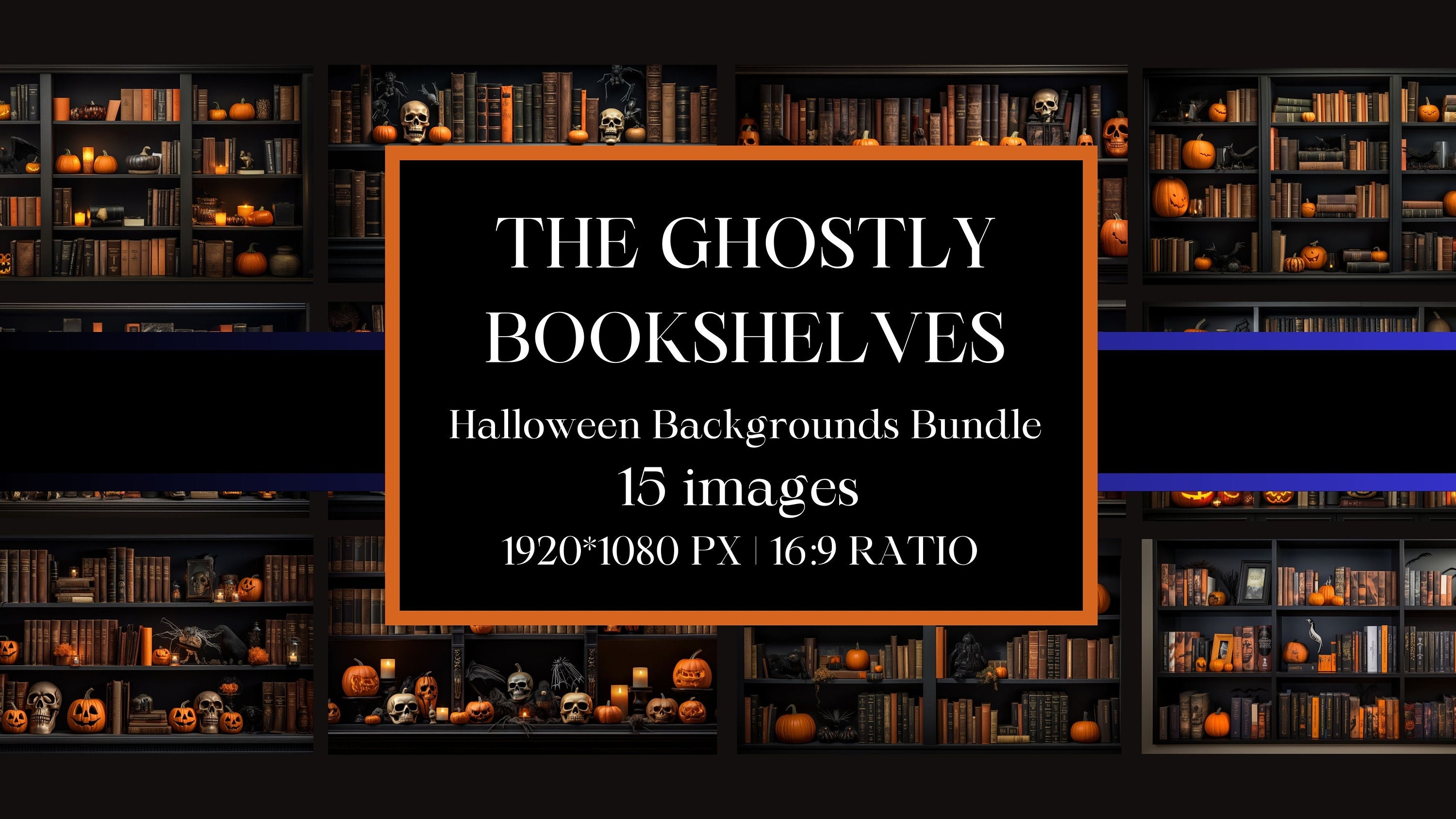 15 Halloween Bookshelves Bundle | Halloween Backgrounds | Zoom Virtual