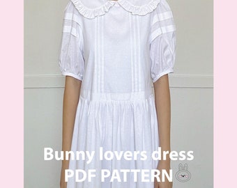 Bunny Lovers Dress-Ruffled collar and pleated details -Instant download A0, A4, LETTER PDF Sewing Pattern -Video, Photo Tutorials