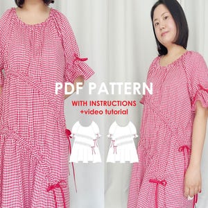 Vestido com gravata de pétala - Vestido com cordão - Padrão de costura em PDF - Download instantâneo A0, A4, tamanho carta - Instruções, tutoriais em vídeo