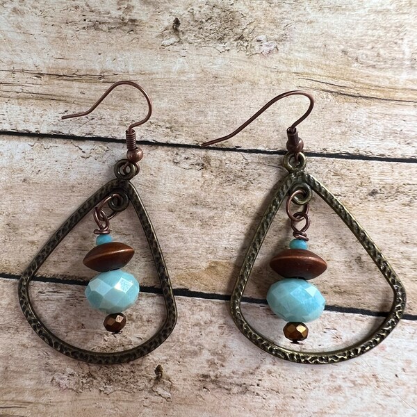 Bronze triangle aqua crystal earring